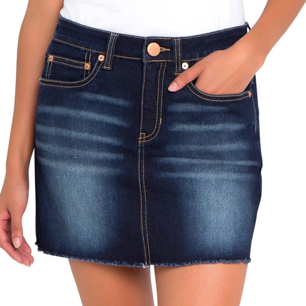 𝅺DARK Wash Raw Hem Denim Jean Skirt Mid Rise Mini 13